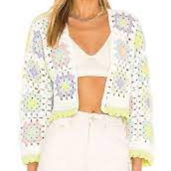 Alice + Olivia Anderson Boxy Cropped Crochet Cardigan Sweater Multi - Picture 9 of 9
